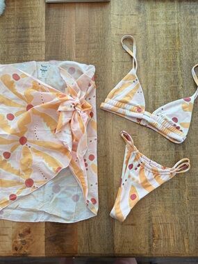 Montce Peach, White & Pink Abstract Print Triangle Bikini Set